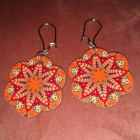 BOGO Orange Flower Mandala Earrings Floral Handmade Stainless Steel Wires New - Picture 1 of 6